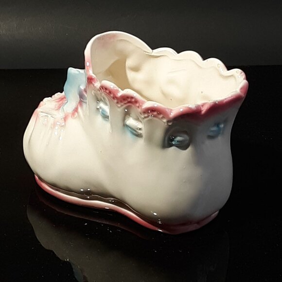 Vintage Lefton Blue Bow Baby Bootie Planter Shower Birth Christening - Picture 4 of 10